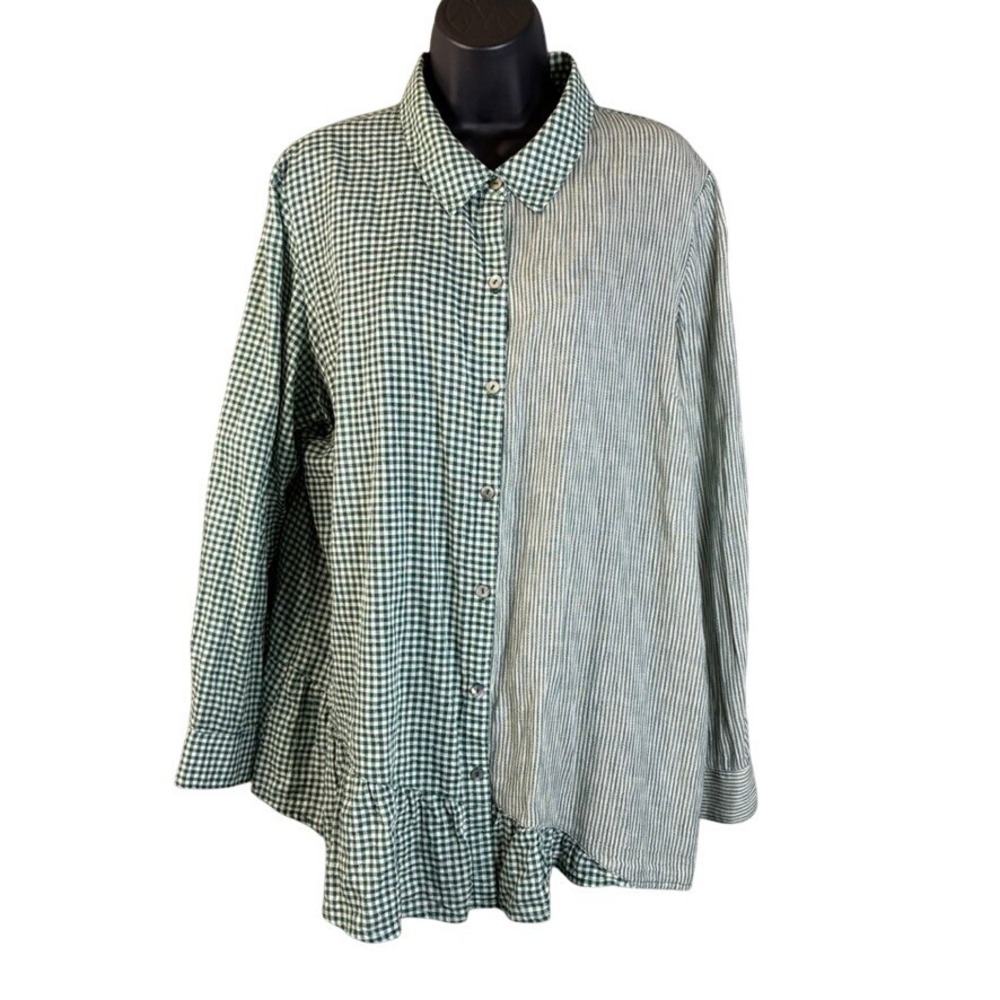 LOGO Lori Goldstein Green Gingham Pinstripe Mixed Media Ruffle Hem Shirt Sz Lg